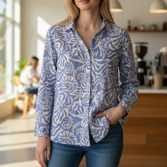 Nicole Miller Tops - Nicole Miller Medium European Flax 100% Linen Lavender Periwinkle Button Down B7